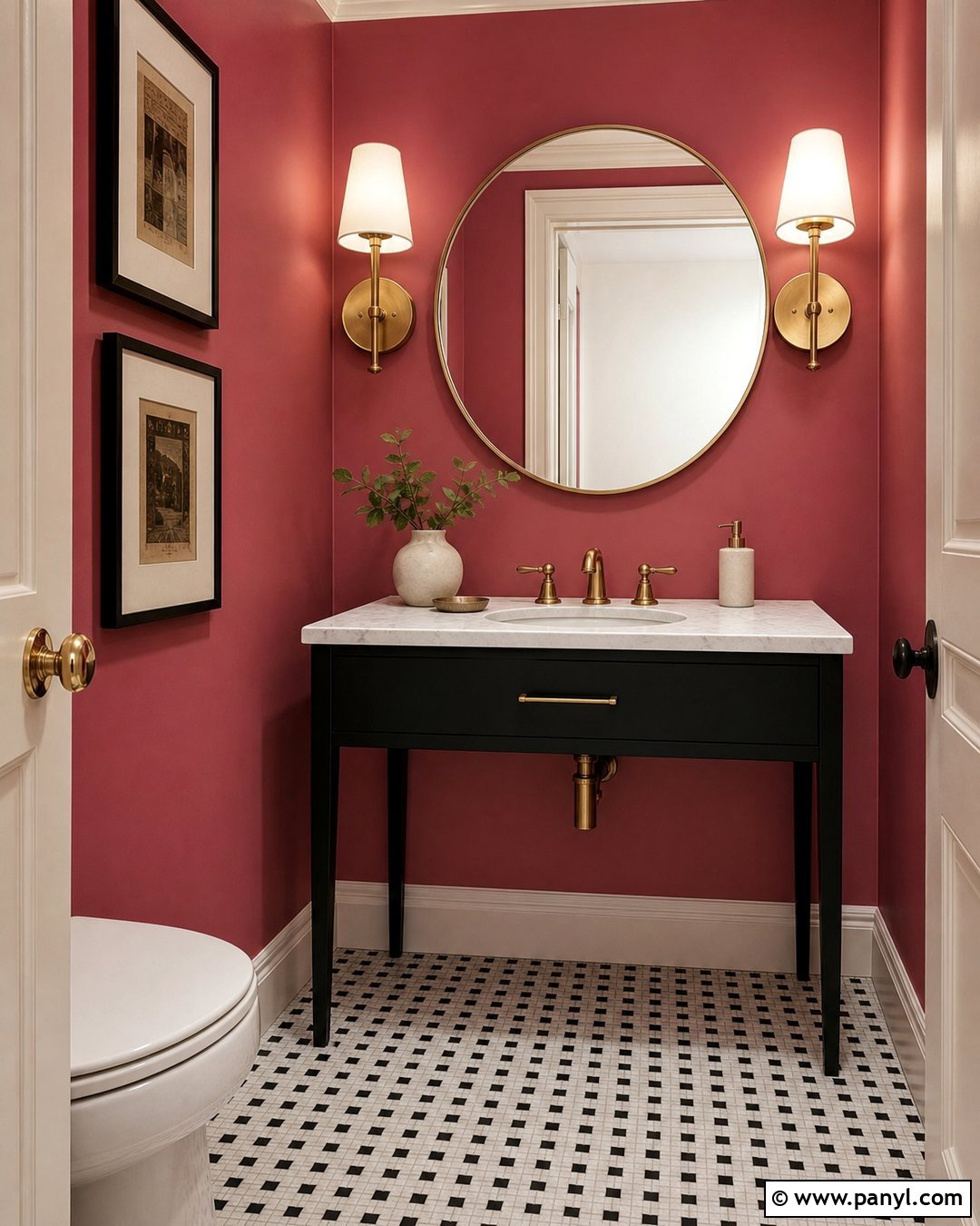 Dark Pink Powder Room With Black Vanity - 35 dark pink walls