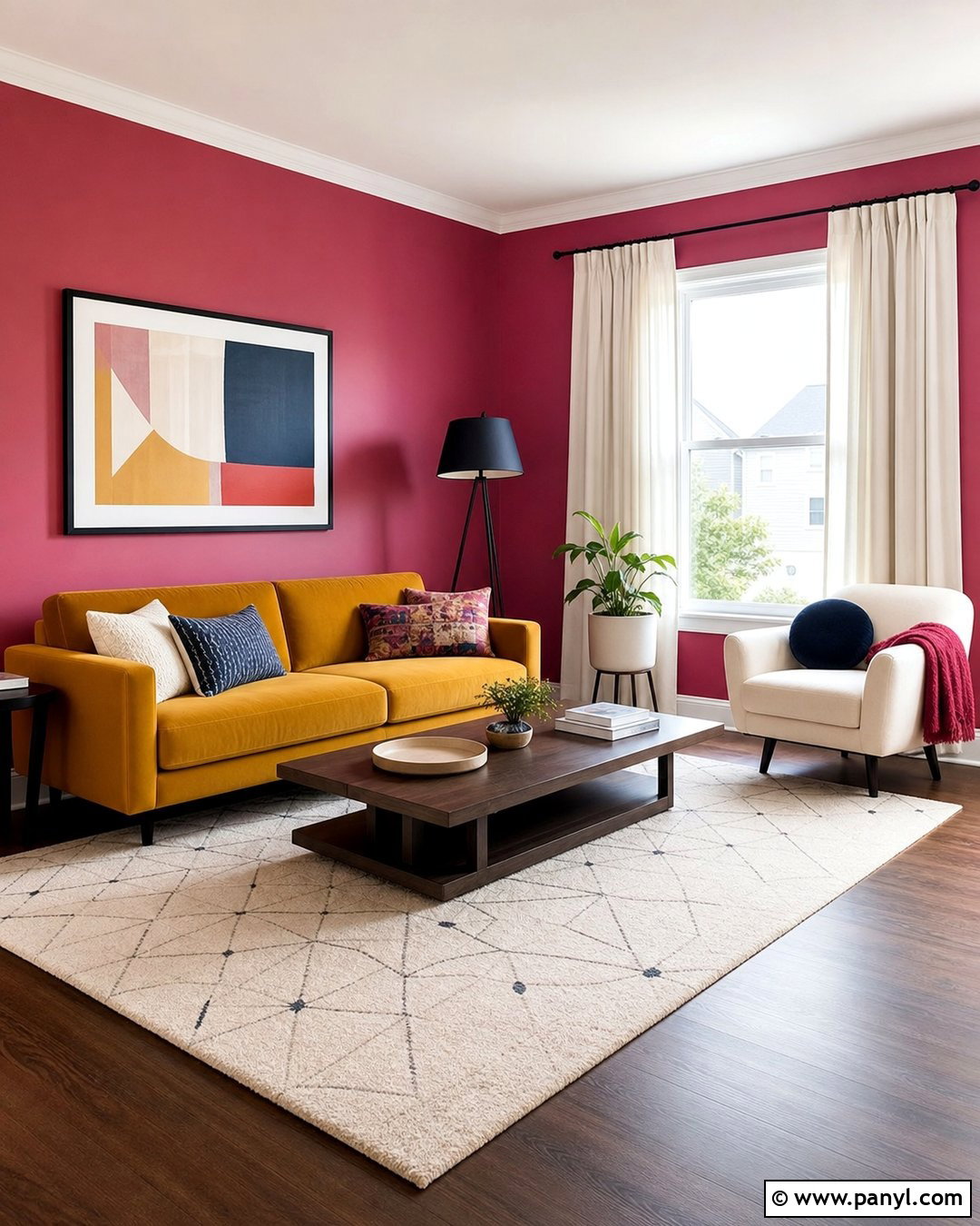 Dark Pink Walls With Mustard Yellow Sofa - 35 dark pink walls