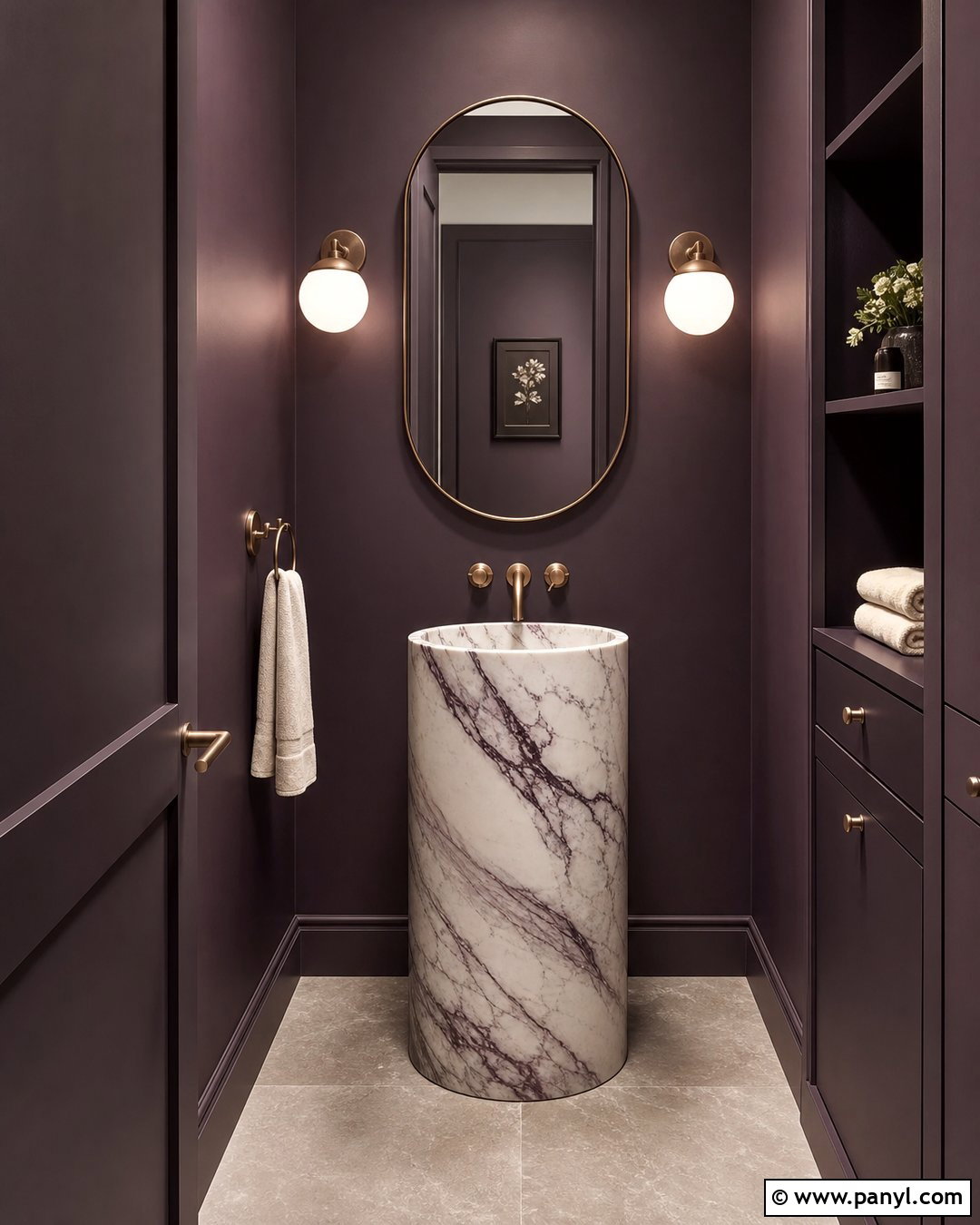 Dark Plum Bathroom With Marble Pedestal Sink - 20 Modern Bathroom With Dark Walls And Marble Sink Ideas