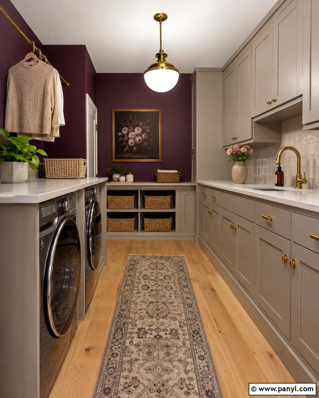 Dark Plum Laundry Room With Warm Brass Accents - 20 Dark Wall Laundry Room Ideas