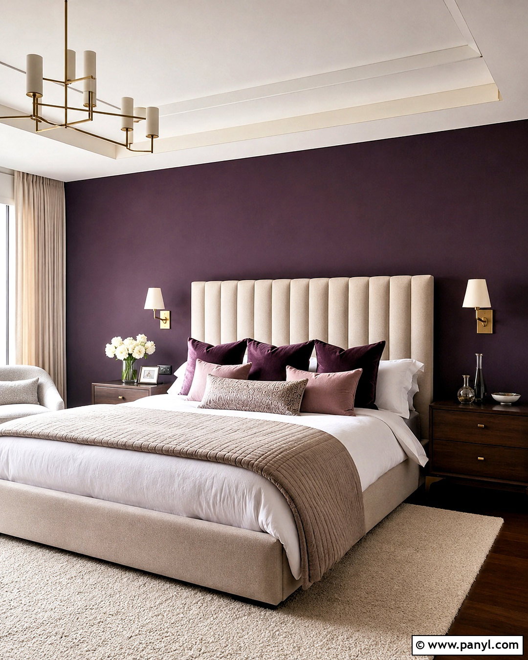 Dark Purple Accent Wall With Upholstered Bed - 20 dark purple accent wall bedroom ideas