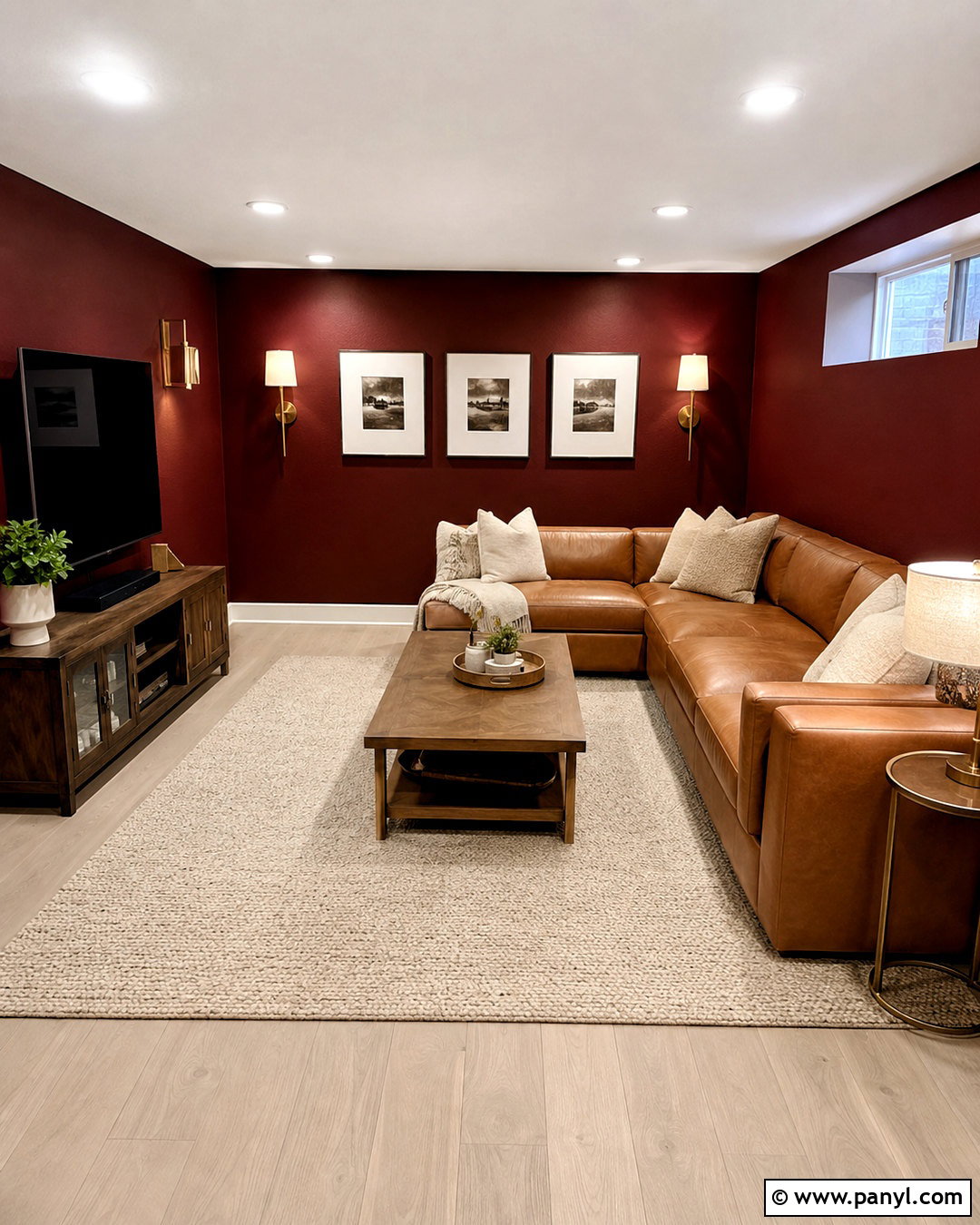 Dark Red Basement Lounge With Camel Leather - 20 dark red wall paint ideas