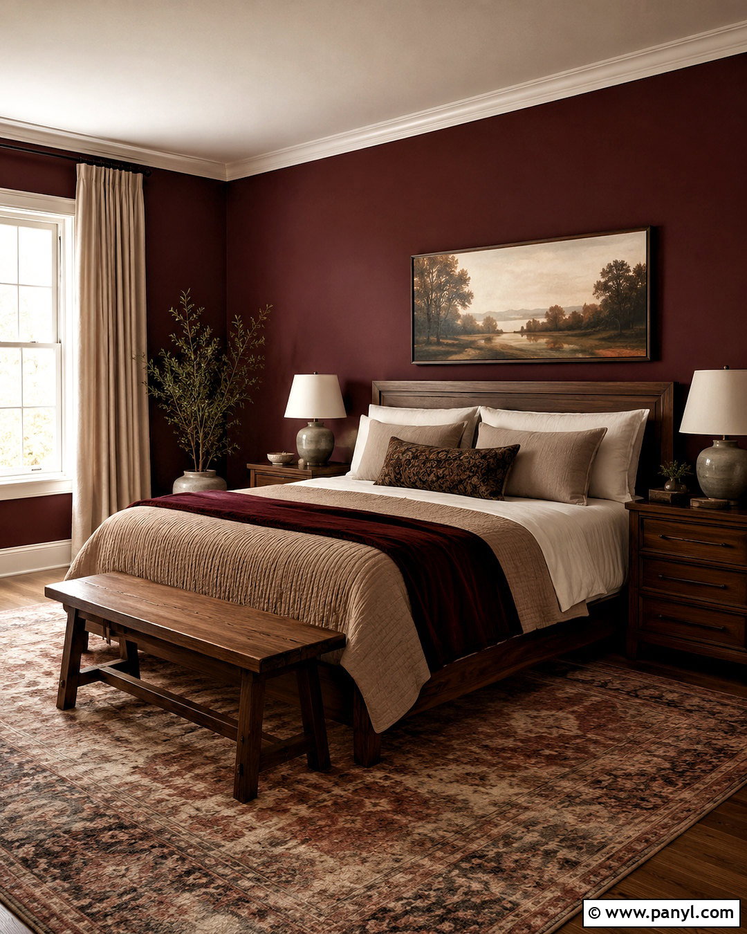 Dark Red Bedroom With Walnut Furniture - 20 dark red room ideas