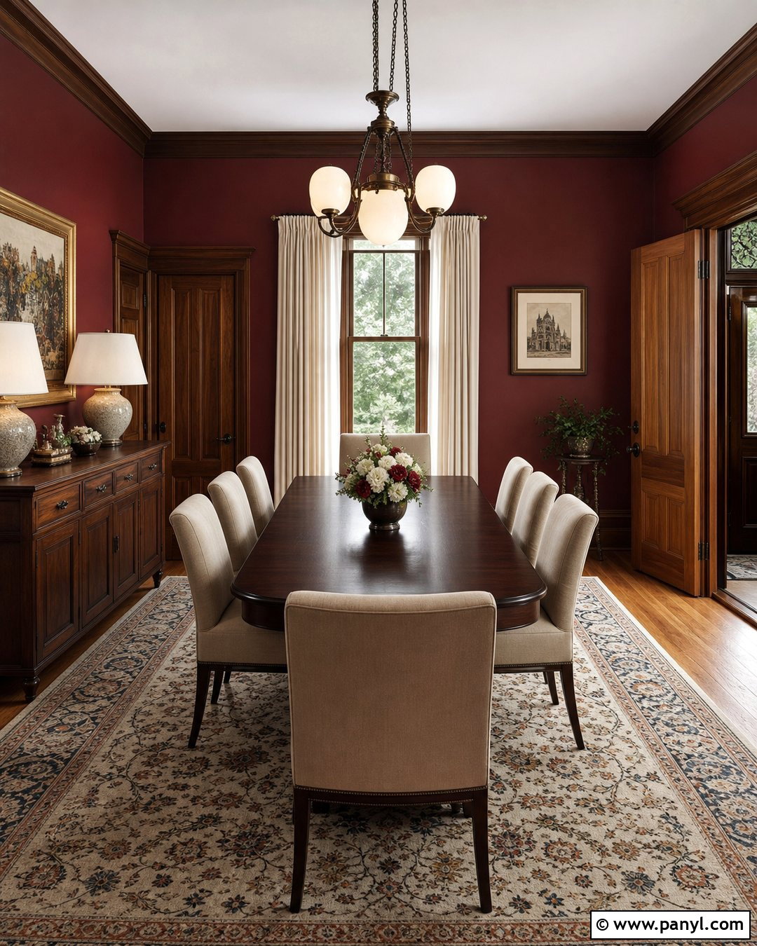 Dark Red Dining Room With Walnut Trim - 20 Dark Walls Unpainted Woodwork Ideas