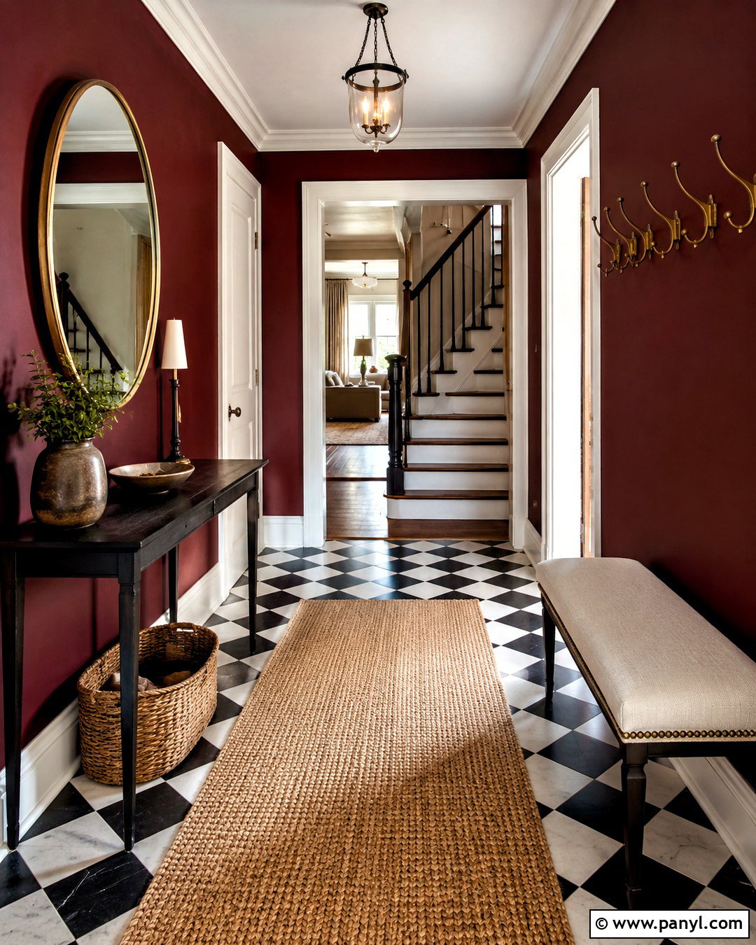 Dark Red Entryway With Black And White Flooring - 20 dark red wall paint ideas