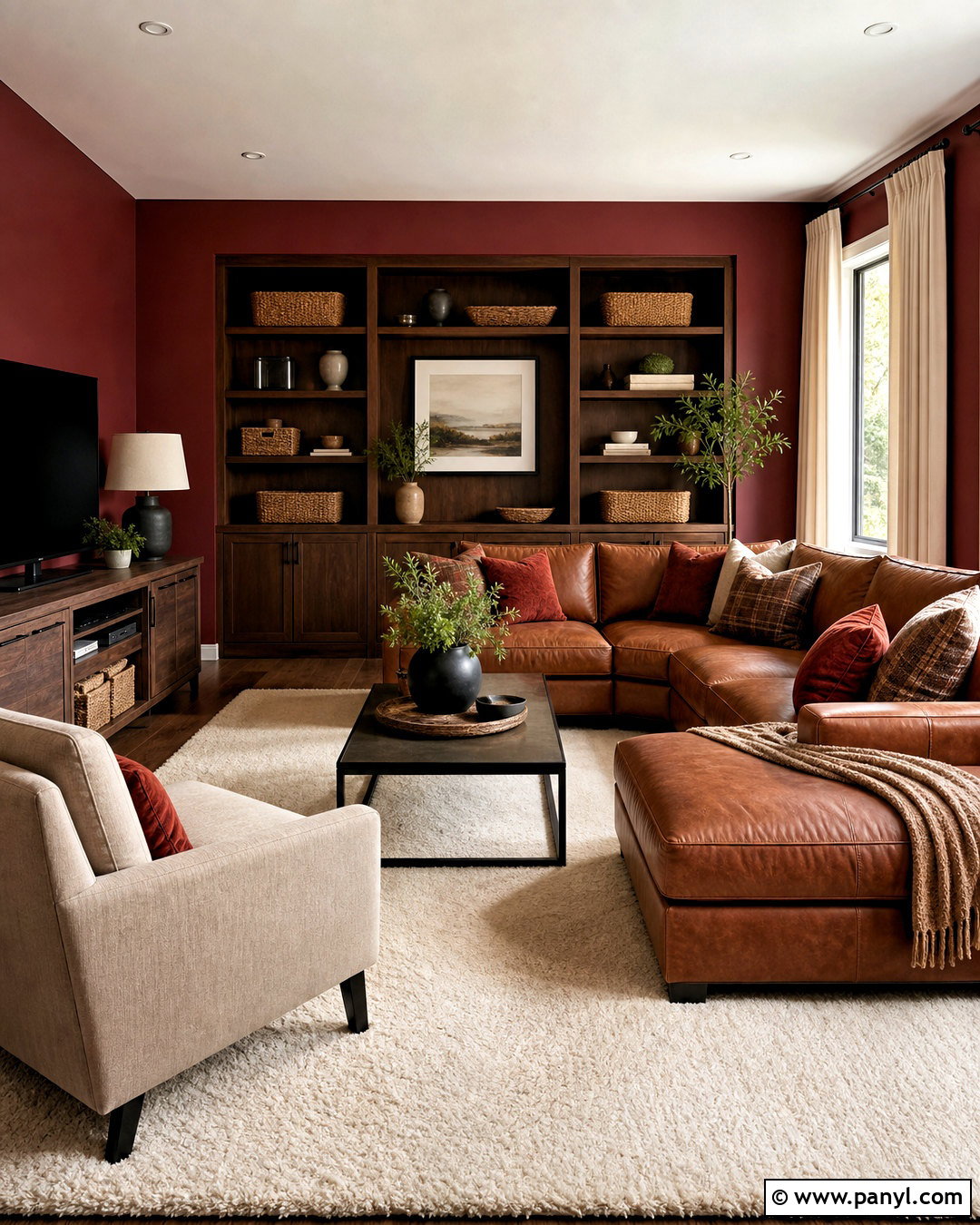Dark Red Family Room With Leather Furniture - 20 dark red interior ideas