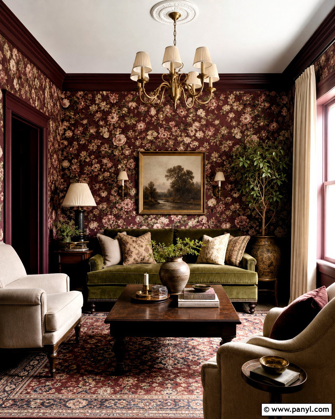 Dark Red Floral Living Room - 20 dark red interior ideas