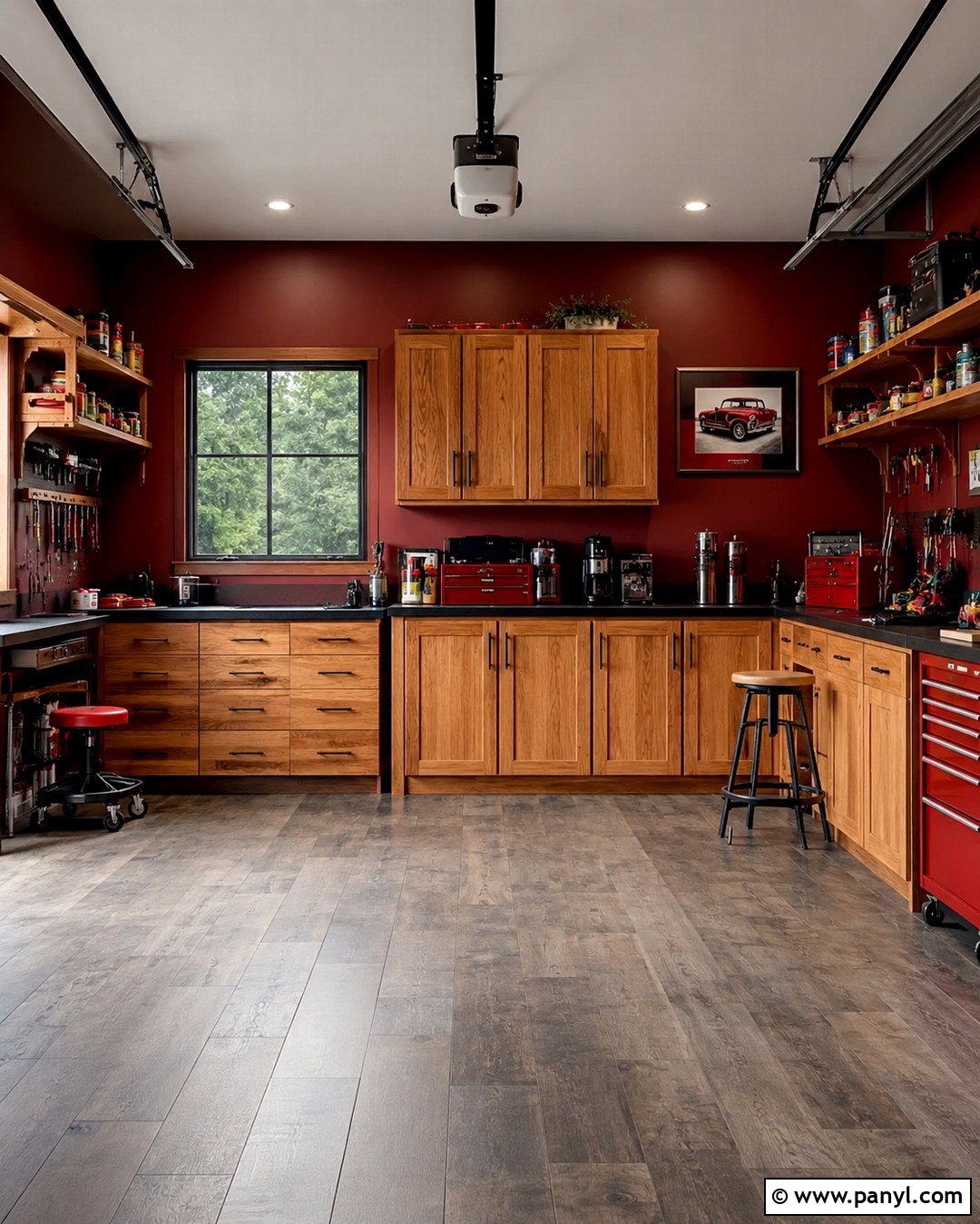 Dark Red Garage Walls With Wood Cabinets - 20 Red Garage Walls