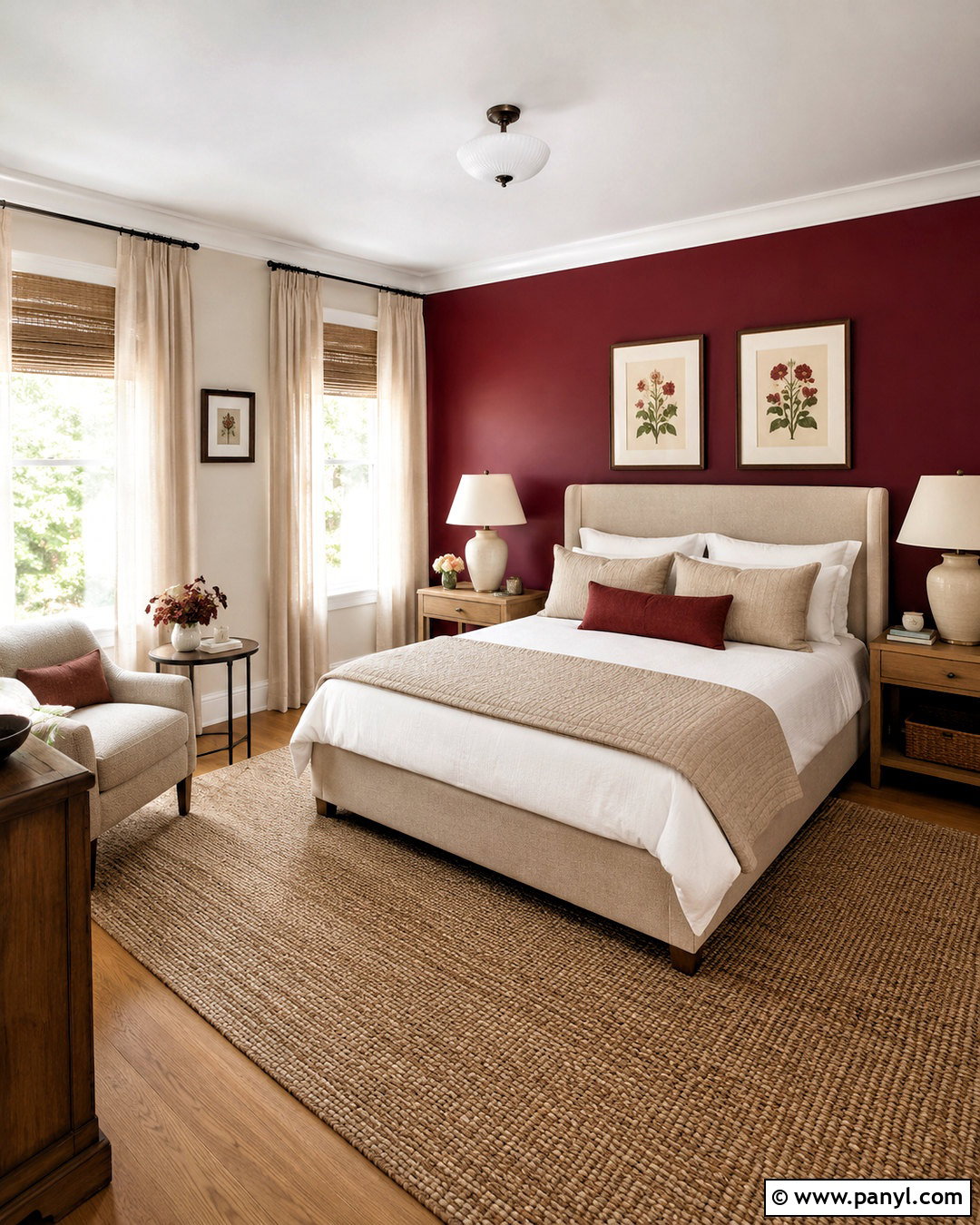 Dark Red Guest Bedroom With Neutral Bedding - 20 dark red room ideas