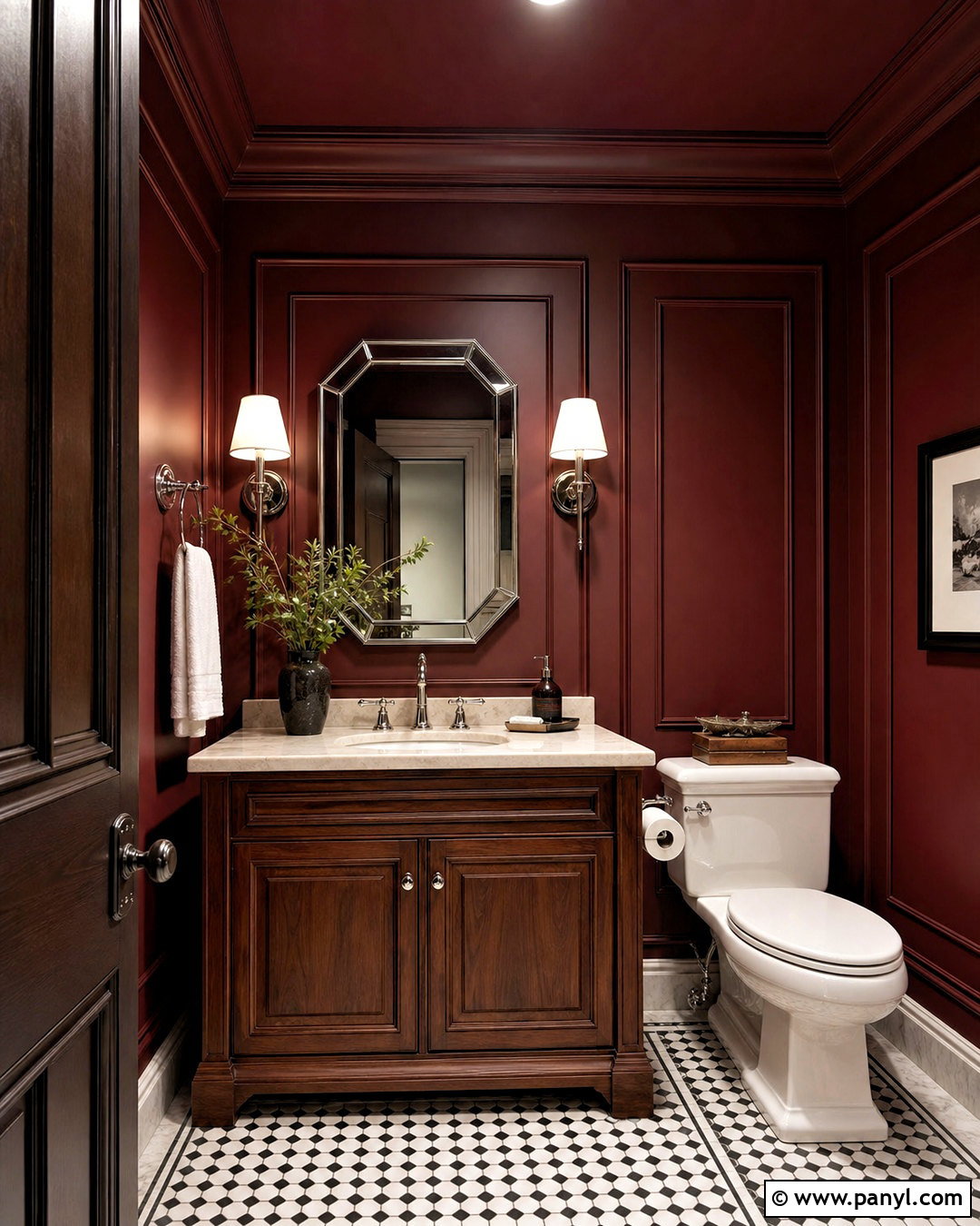 Dark Red Half Bathroom With Traditional Vanity - 20 dark half bathroom ideas