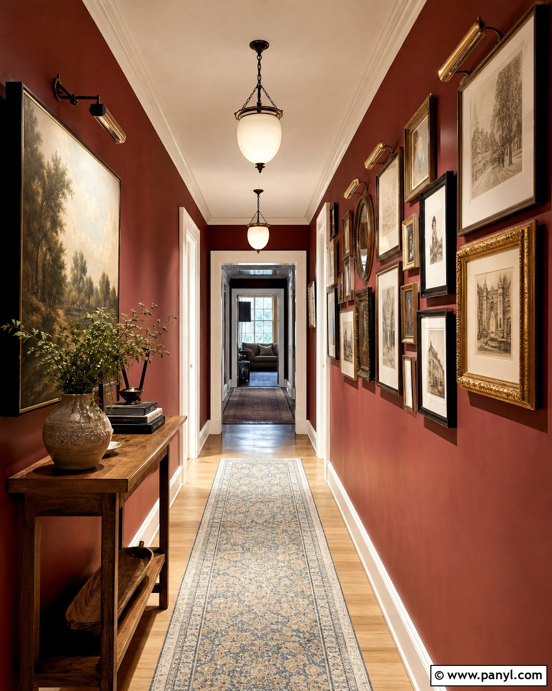 Dark Red Hallway With Gallery Wall - 20 dark red interior ideas