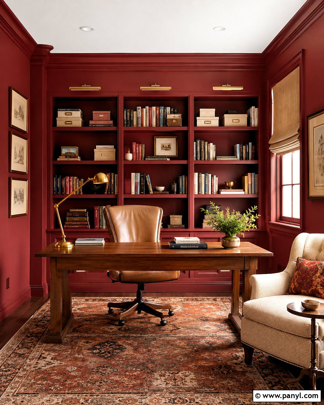 Dark Red Home Office With Built-In Shelves - 20 dark red room ideas