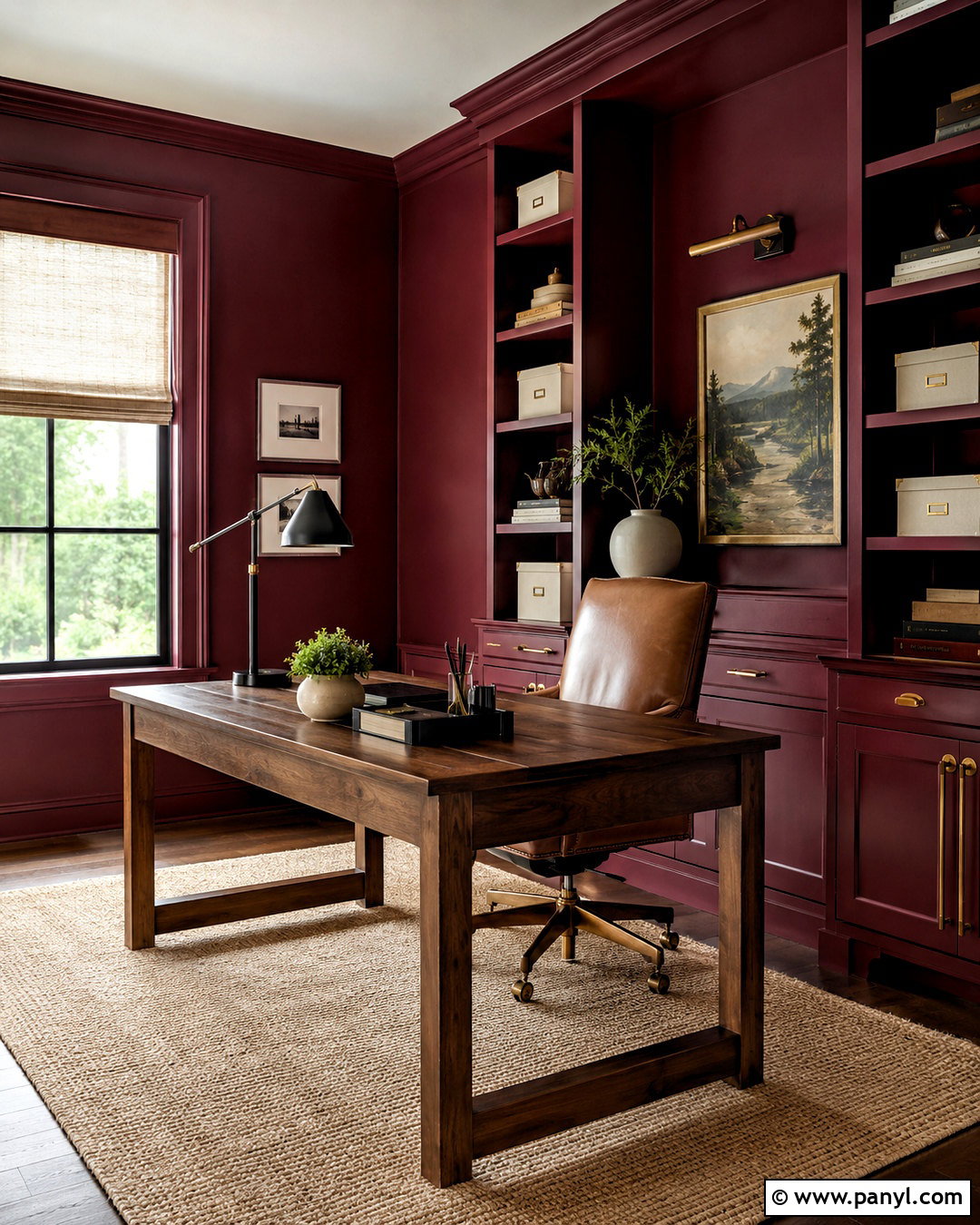 Dark Red Home Office With Built-Ins - 20 dark red wall paint ideas