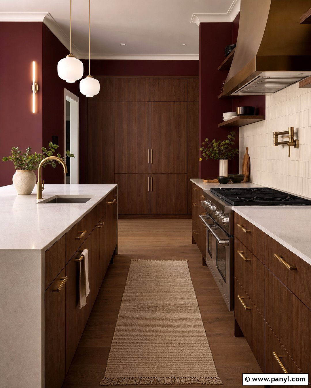 Dark Red Kitchen Walls With Walnut Cabinets - 35 red kitchen walls