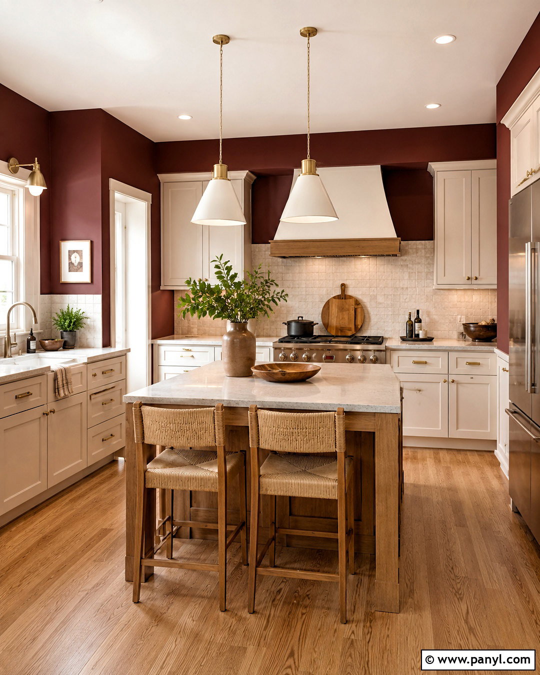 Dark Red Kitchen With Warm White Cabinets - 20 dark red wall paint ideas
