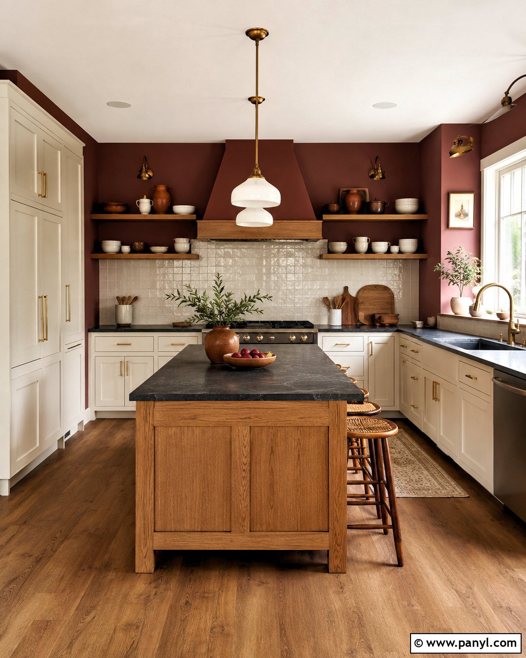 Dark Red Kitchen With Warm White Cabinets - 20 dark red room ideas