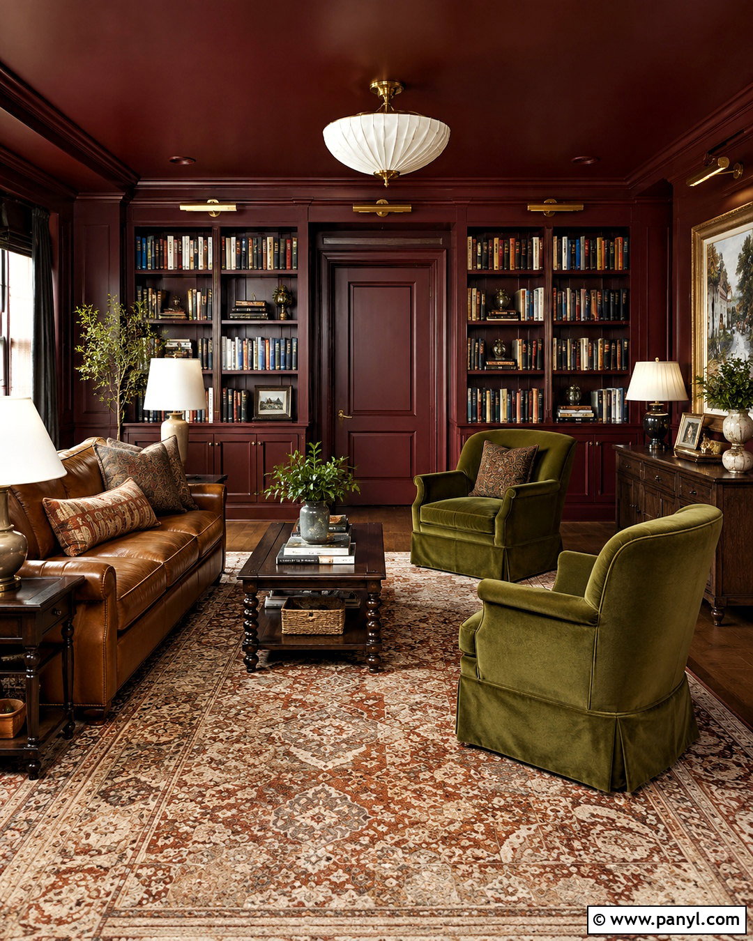 Dark Red Library With Color-Drenched Walls - 20 dark red wall paint ideas