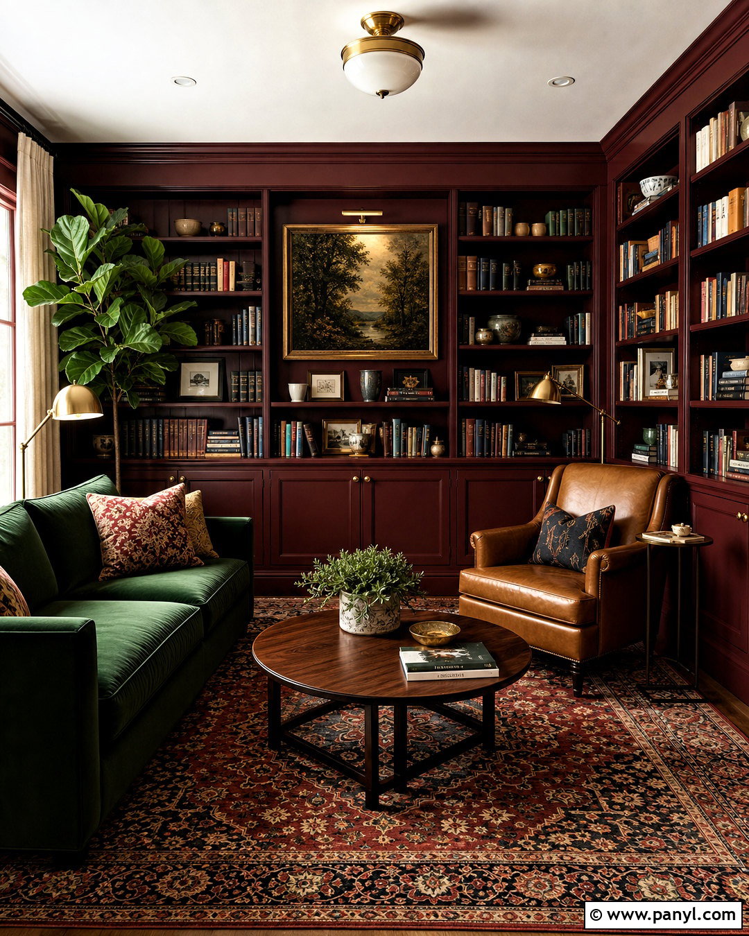 Dark Red Library With Green Velvet Seating - 20 dark red interior ideas