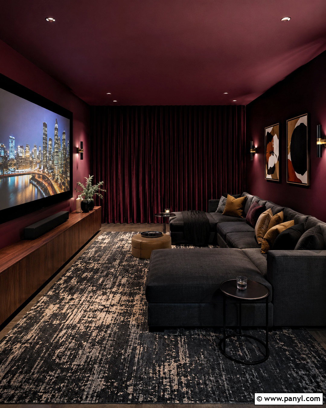 Dark Red Media Room With Charcoal Seating - 20 dark red room ideas