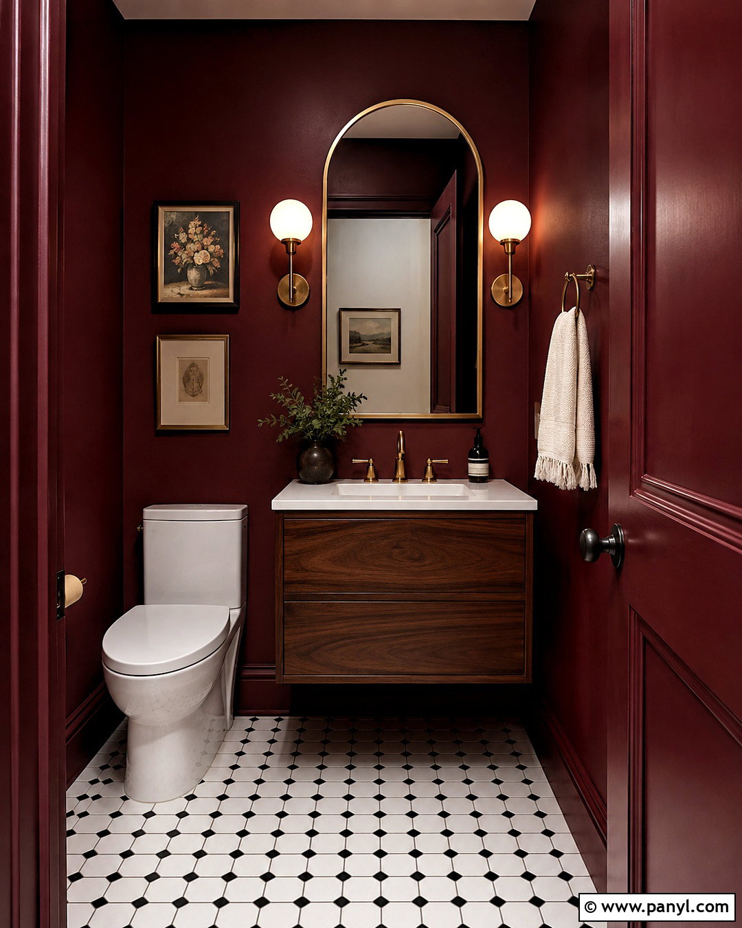 Dark Red Powder Room With Brass Fixtures - 20 dark red wall paint ideas