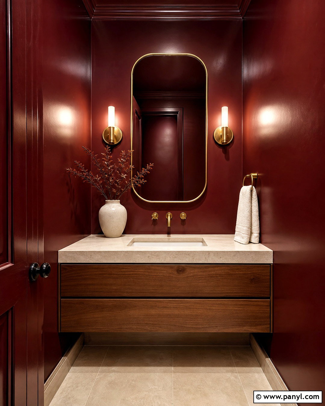 Dark Red Powder Room With Stone Tile - 20 dark red interior ideas