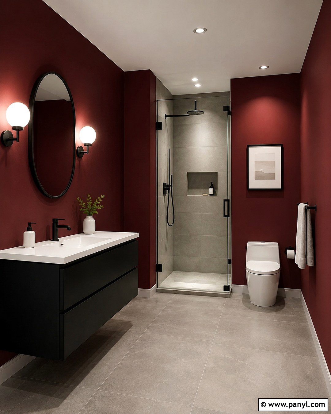 Dark Red Wall Bathroom With Black Fixtures - 20 Red Wall Bathroom Ideas