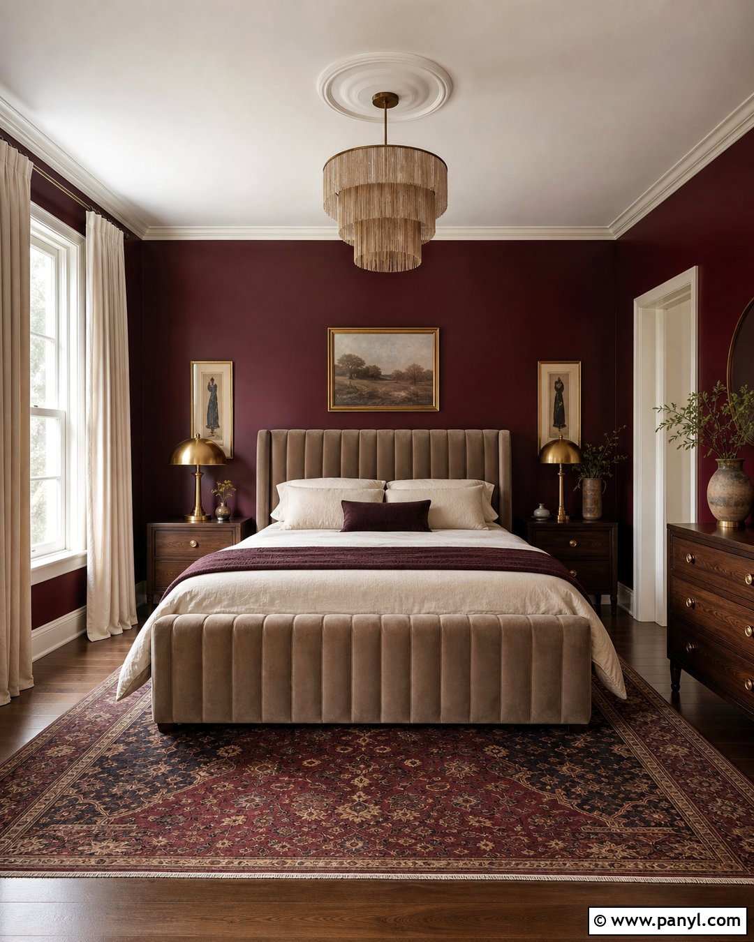 Dark Red Wall Bedroom With Velvet Bed - 25 Red Wall Interior Ideas