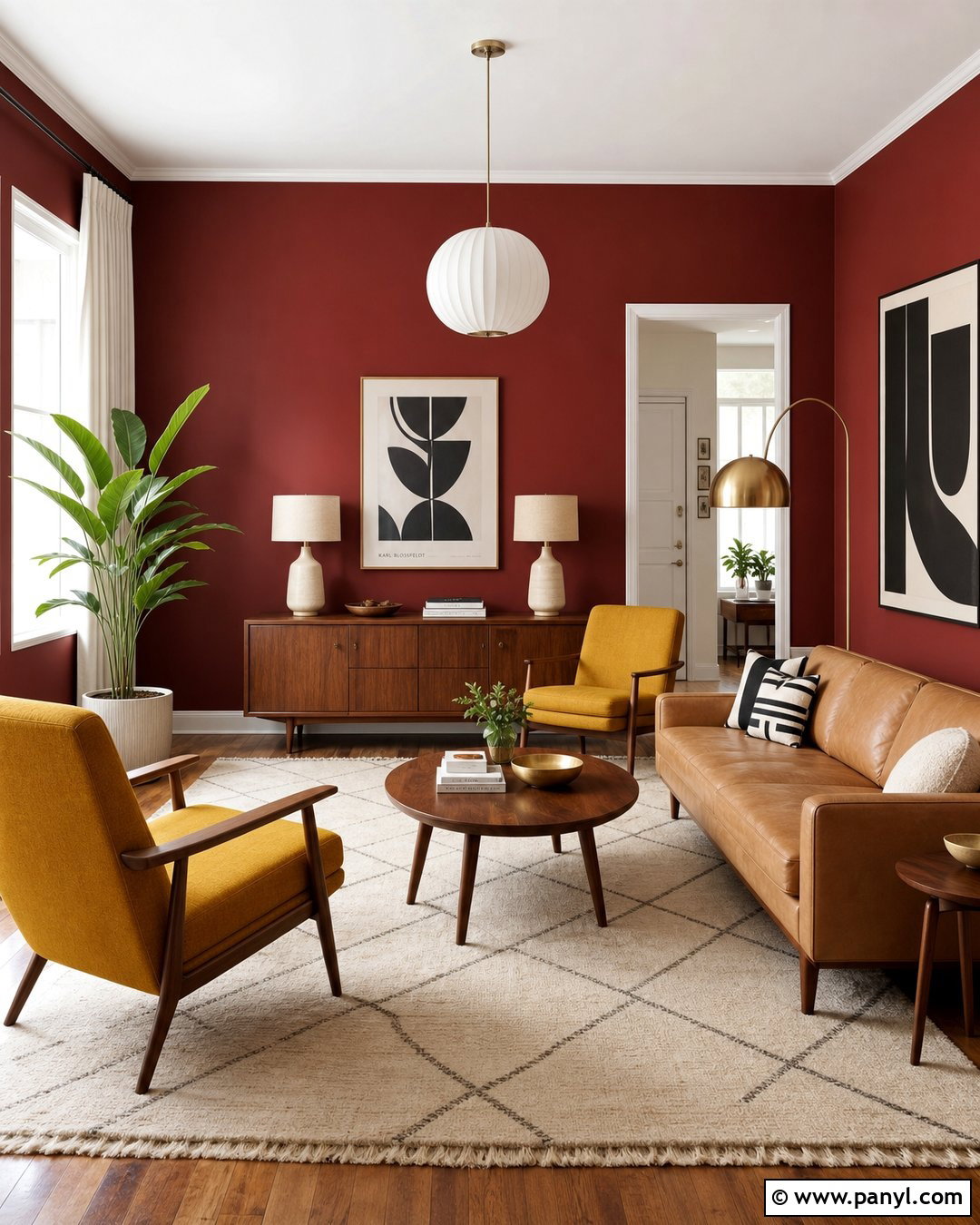 Dark Red Walls With Midcentury Furniture - 35 Dark Red Walls
