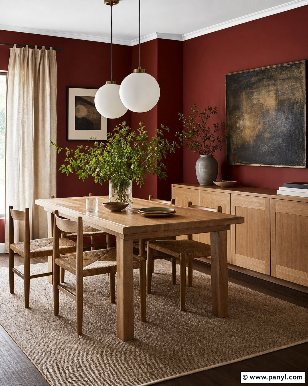Dark Red Walls With Natural Oak - 35 Dark Red Walls