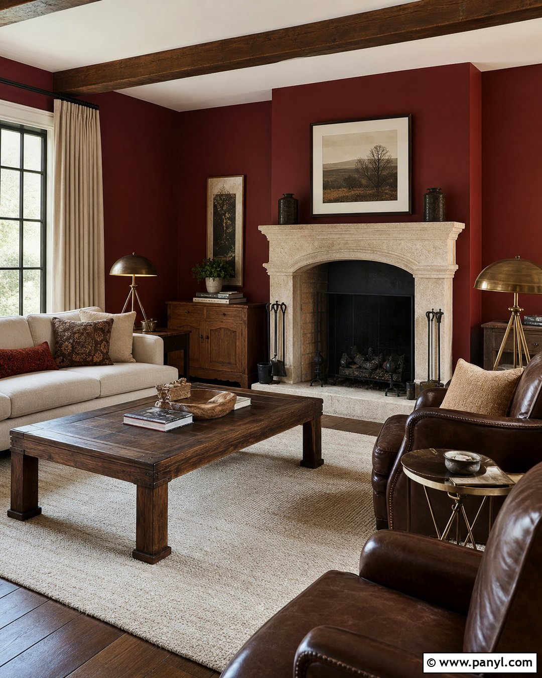 Dark Red Walls With a Stone Fireplace - 35 Dark Red Walls