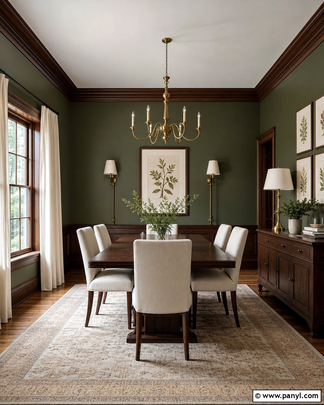 Dark Sage Green Dining Room With Walnut Trim - 20 Sage Green Walls With Wood Trim Ideas