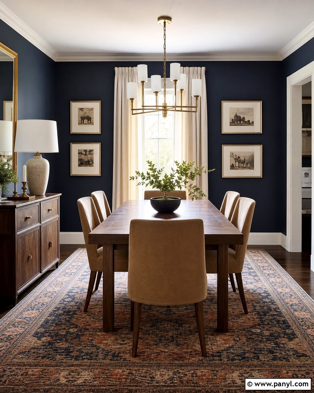 Dark Satin Blue Dining Room With Walnut Furniture - 20 Satin Blue Wall Paint Ideas