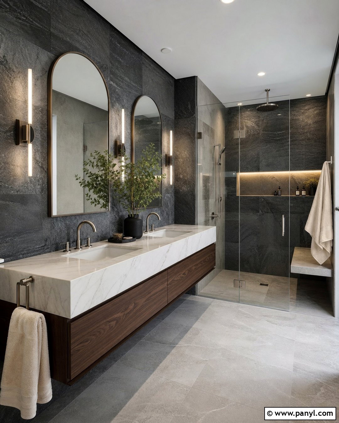 Dark Slate Bathroom With Marble Double Sink - 20 Modern Bathroom With Dark Walls And Marble Sink Ideas