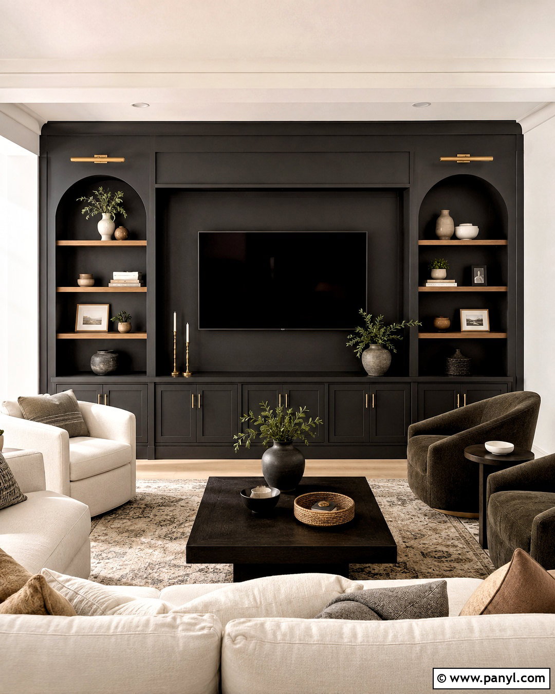 Dark TV Wall With Arched Shelves - 20 dark tv wall living room ideas