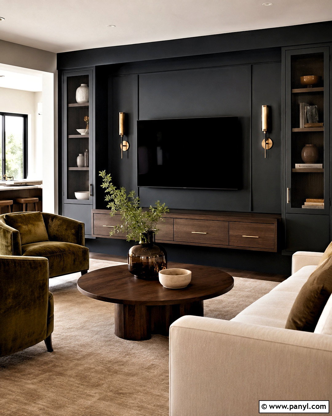 Dark TV Wall With Brass Accents - 20 dark tv wall living room ideas