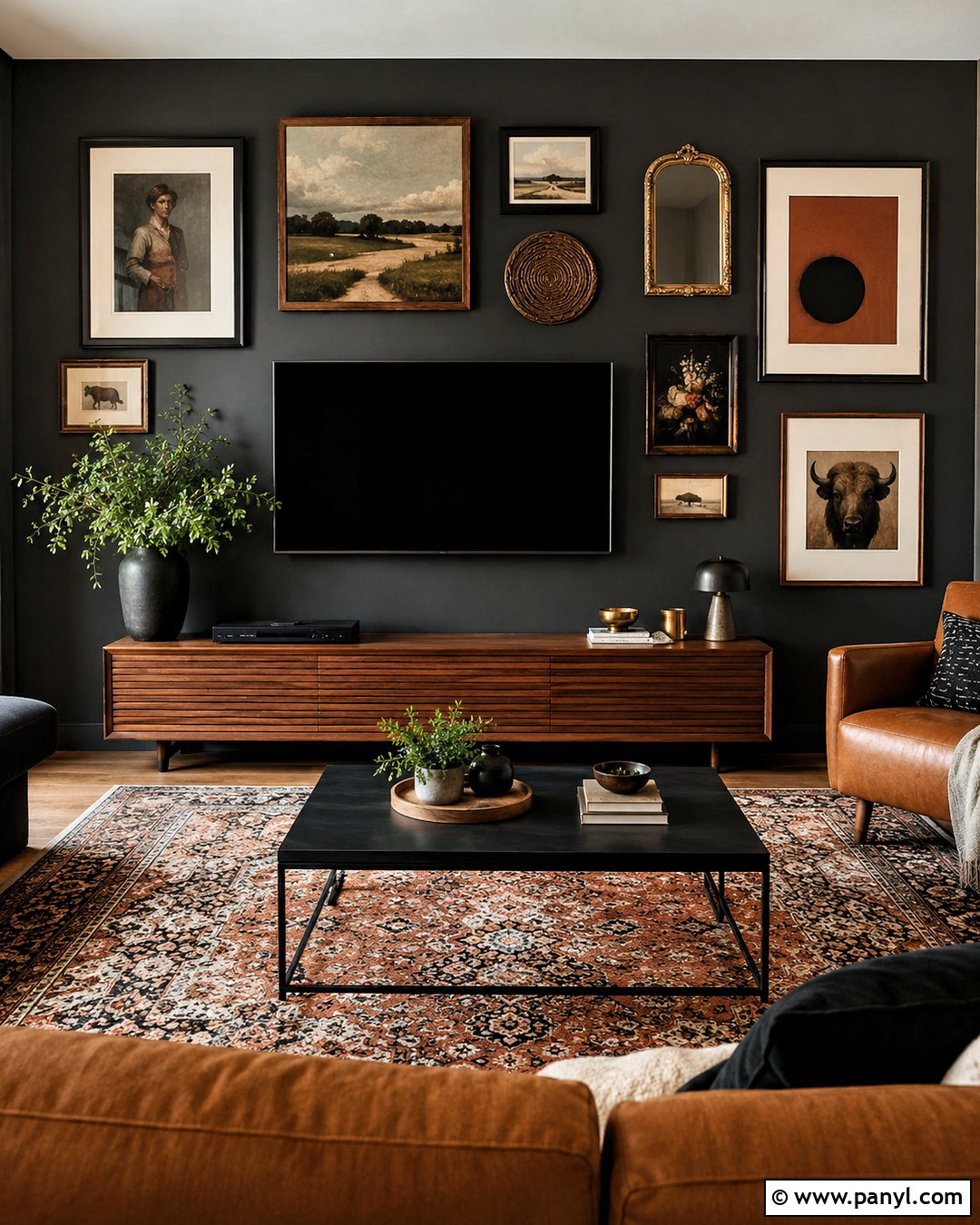 Dark TV Wall With Gallery Frames - 20 dark tv wall living room ideas