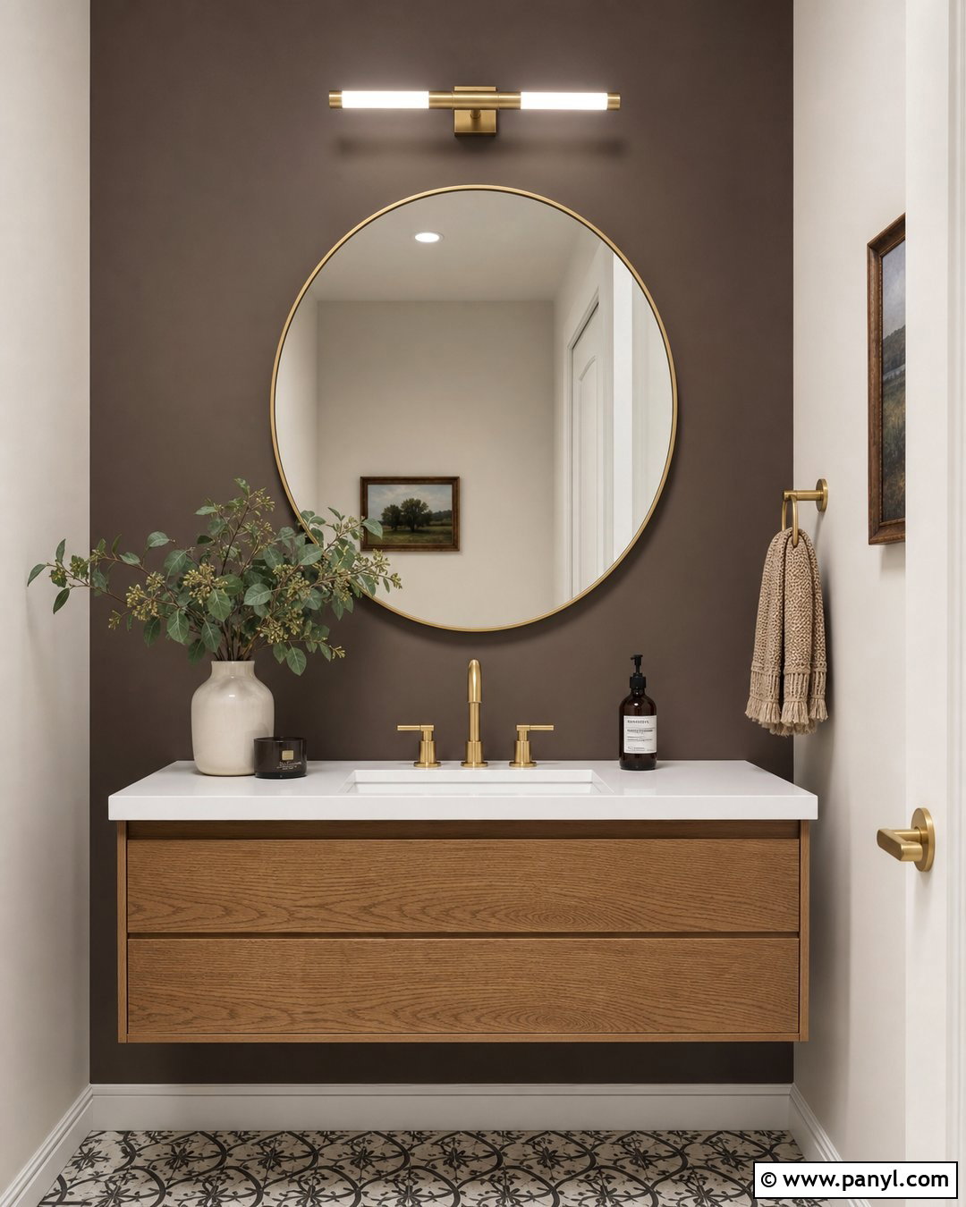 Dark Taupe Accent Wall In A Powder Room - 30 Taupe Accent Wall Ideas