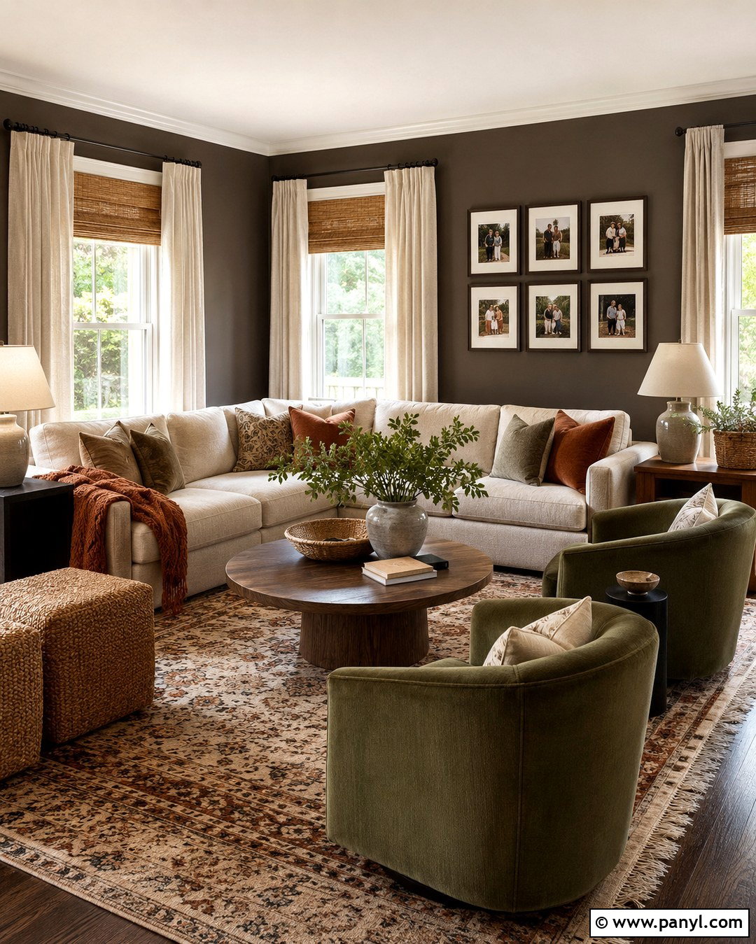 Dark Taupe Family Room With White Windows - 20 Dark Walls White Windows