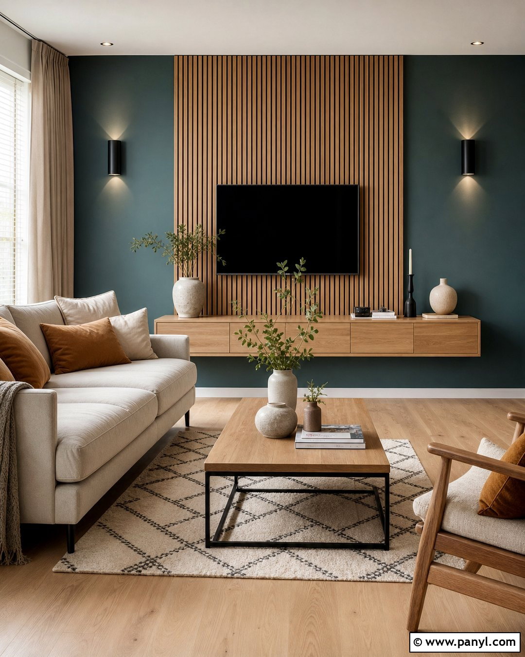 Dark Teal Accent Wall With Wood Slats - 30 dark teal accent wall ideas