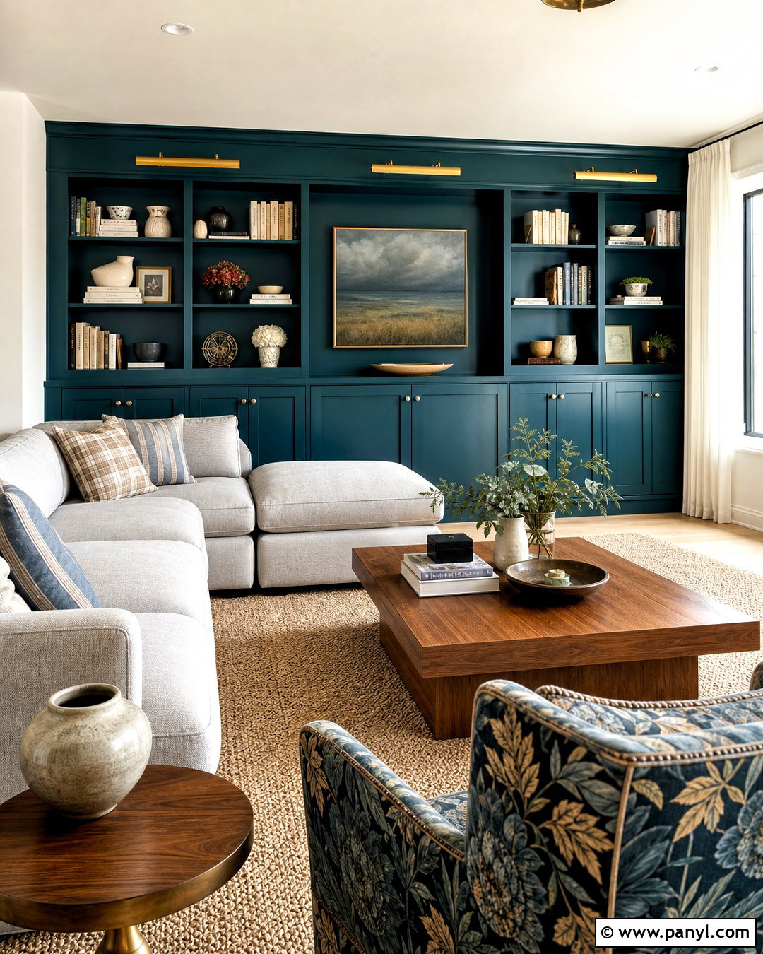 Dark Teal Built-In Wall - 20 dark feature wall living room ideas