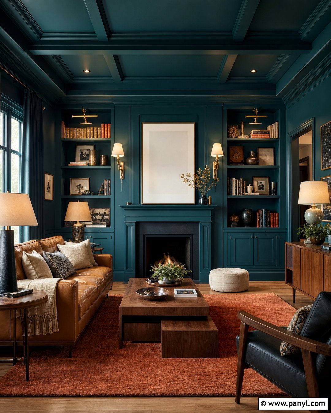 Dark Teal Color-Drenched Living Room - 30 teal painted walls