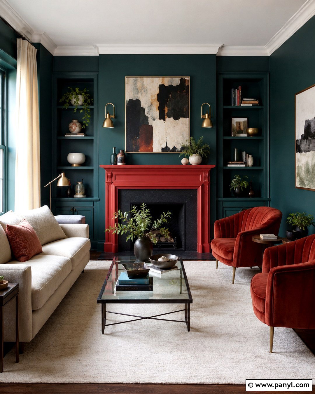 Dark Teal Green And Raspberry Red Lounge - 20 Red And Green Walls