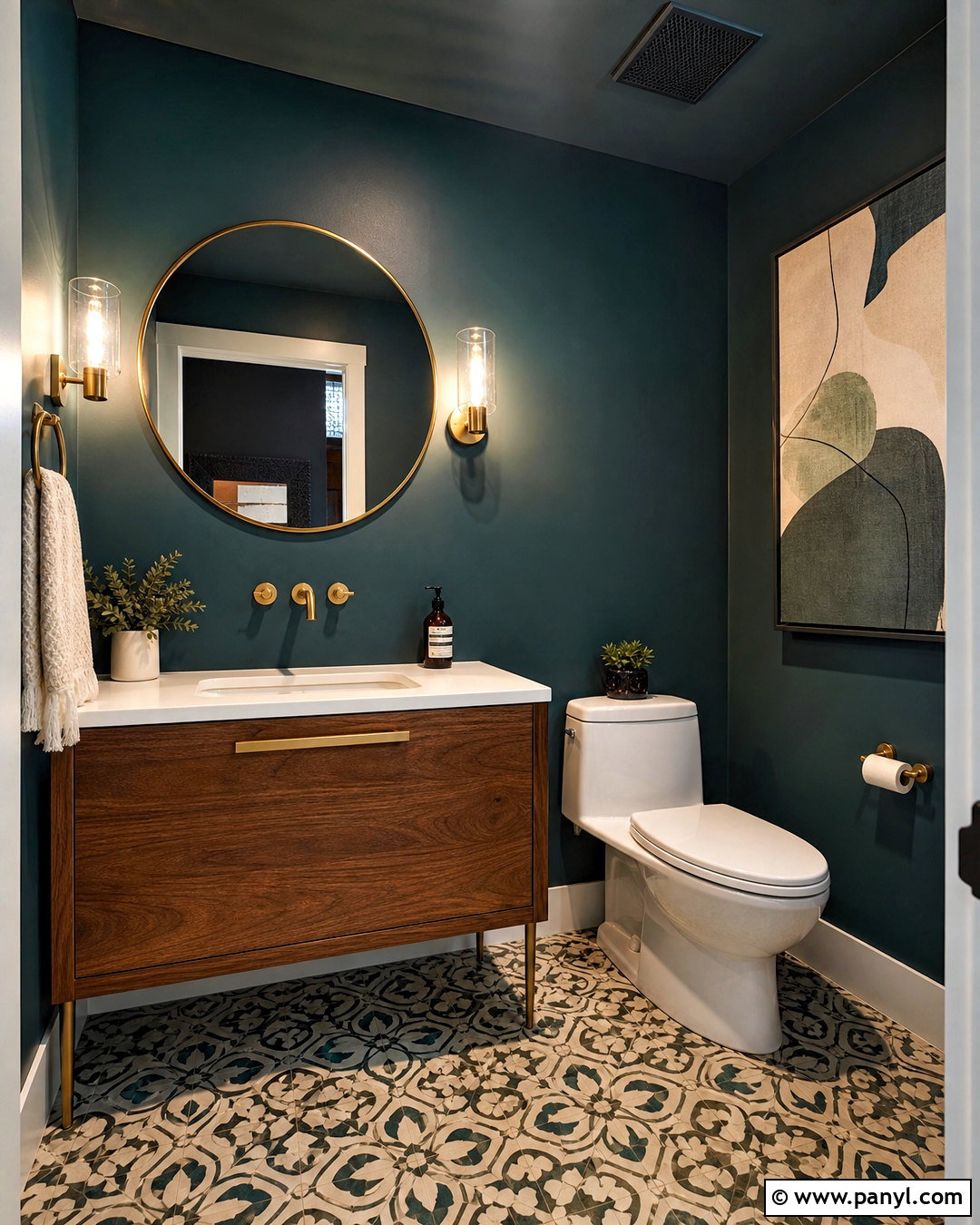 Dark Teal Half Bathroom With Patterned Floor - 20 dark half bathroom ideas