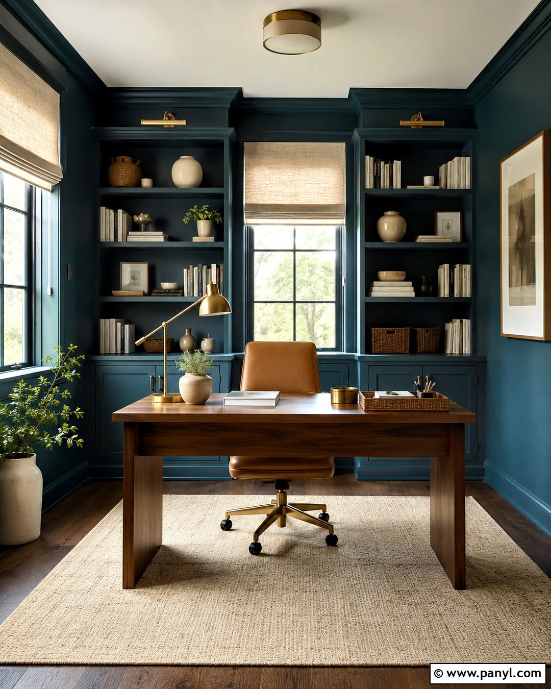 Dark Teal Home Office With Built-In Shelves - 20 dark teal room ideas