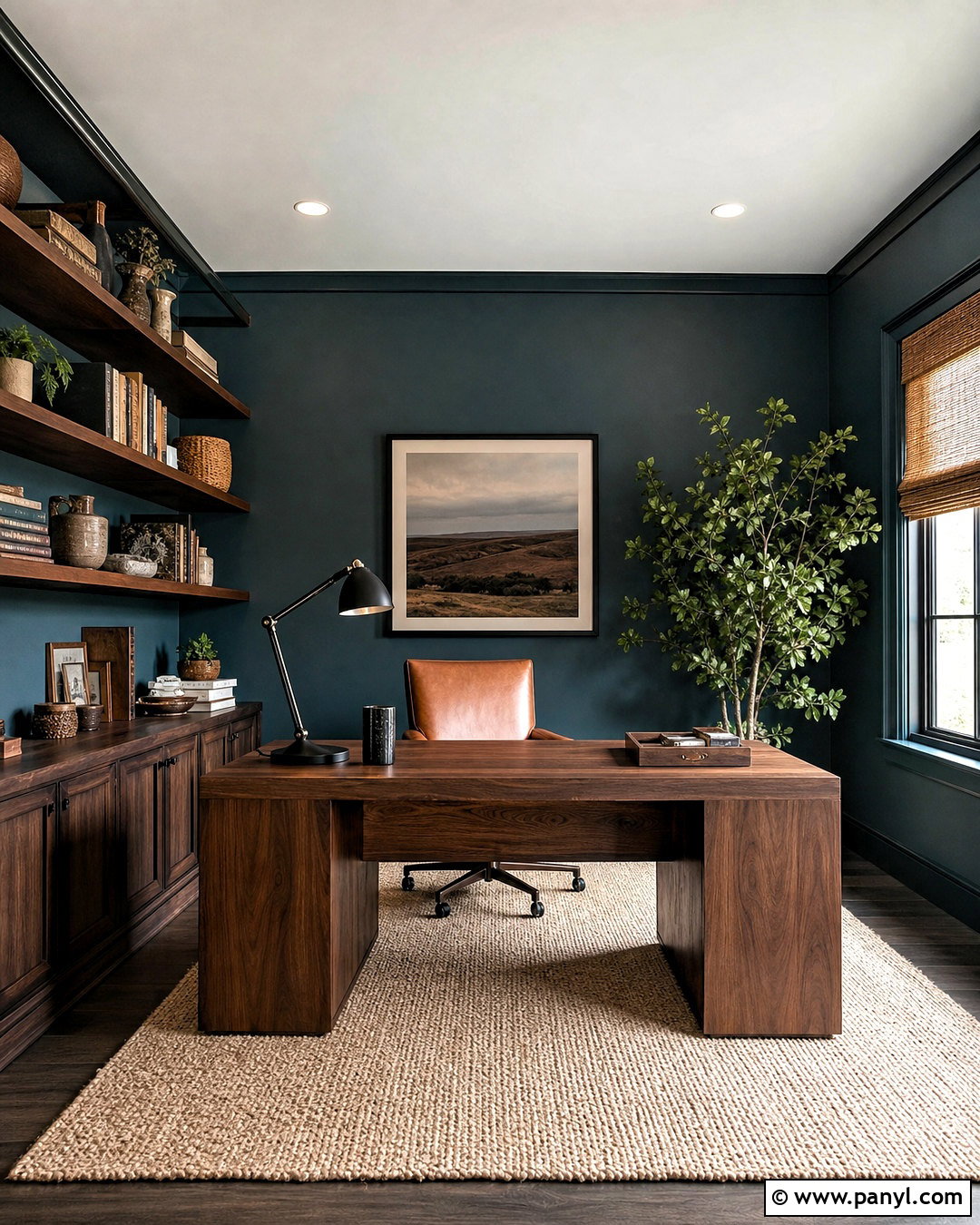 Dark Teal Home Office With Wood Furniture - 20 dark teal walls