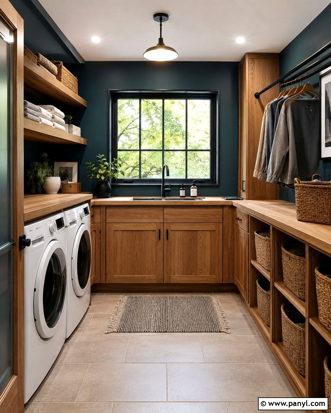 Dark Teal Laundry Room With Wood Cabinets - 20 Teal Wall Laundry Space Ideas
