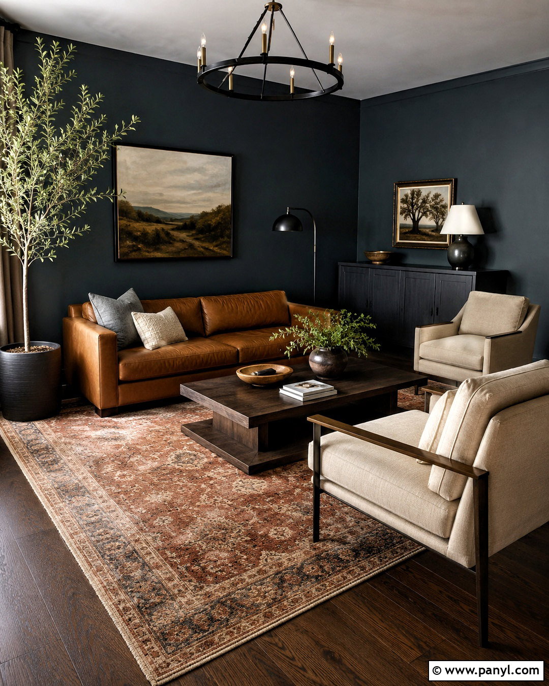 Dark Teal Living Room With Cognac Leather - 20 dark teal living room ideas