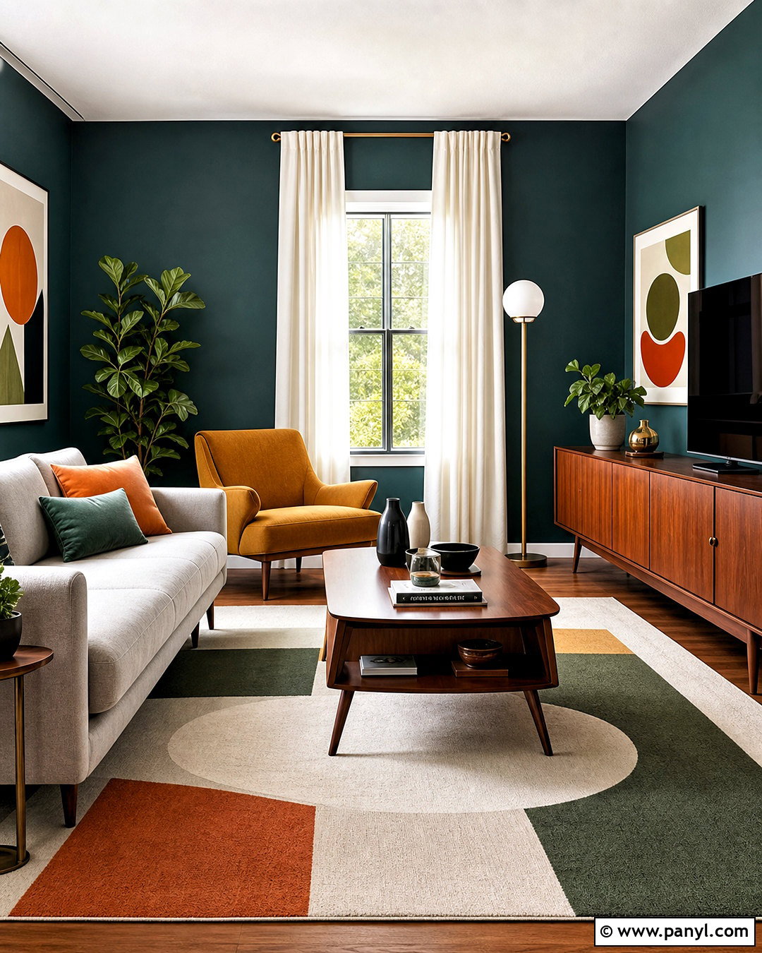 Dark Teal Midcentury Living Room - 20 dark teal walls