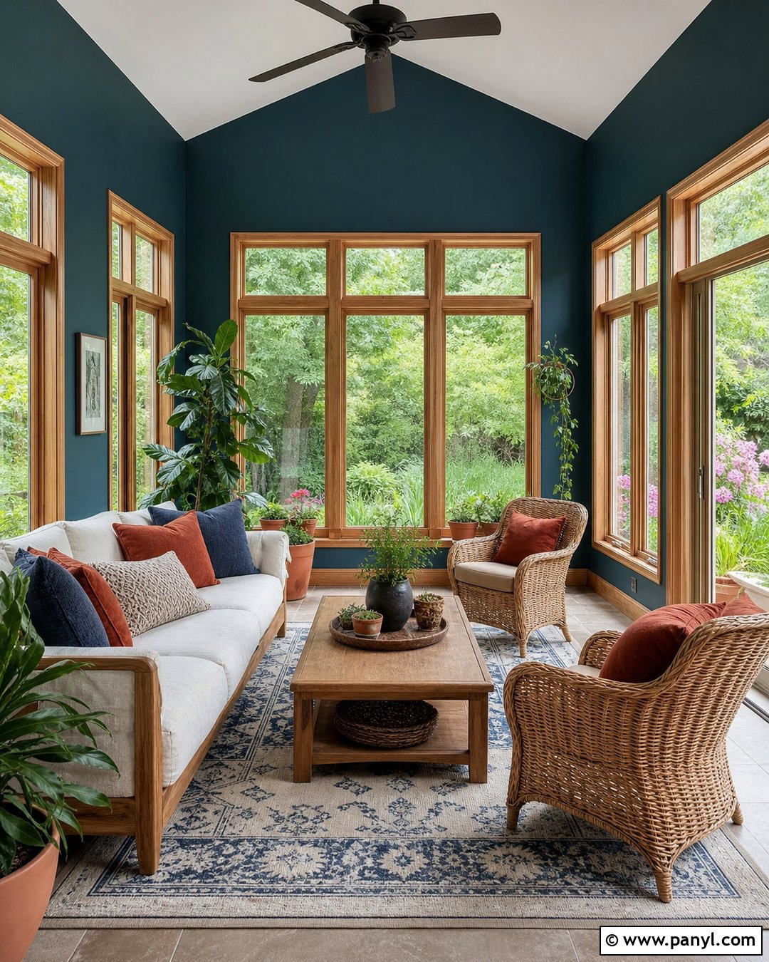 Dark Teal Sunroom With Natural Wood Windows - 20 Dark Walls Unpainted Woodwork Ideas
