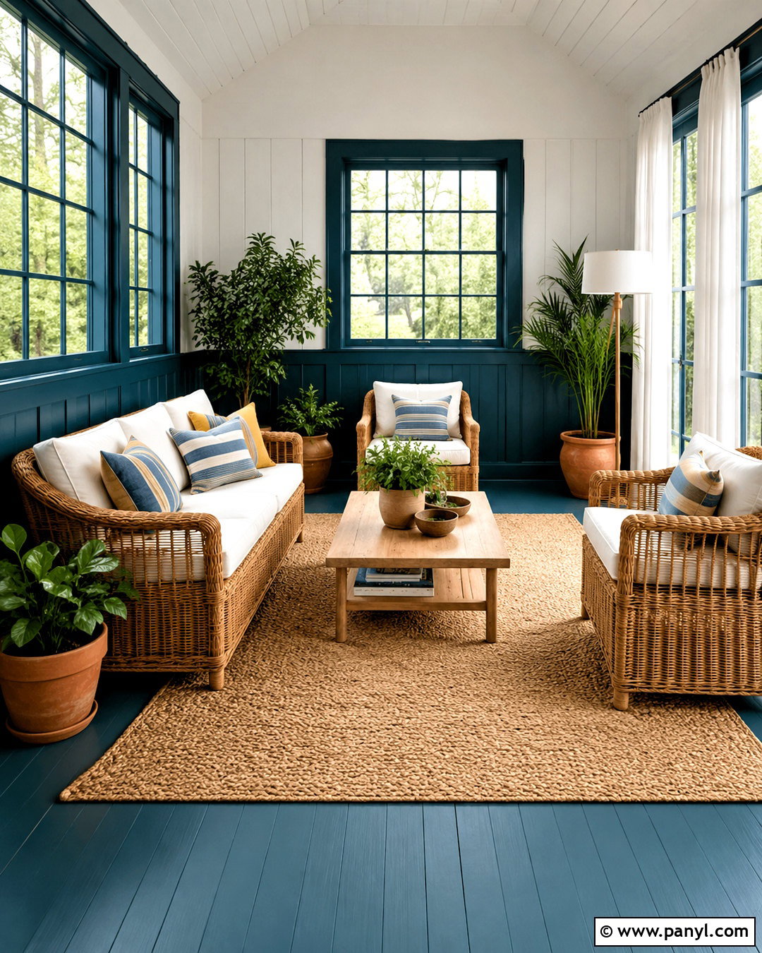 Dark Teal Sunroom With Wicker Furniture - 20 dark teal room ideas